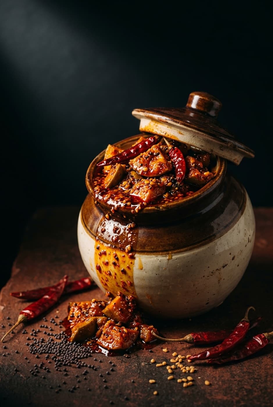 A ceramic pickle jar full of mango pickle