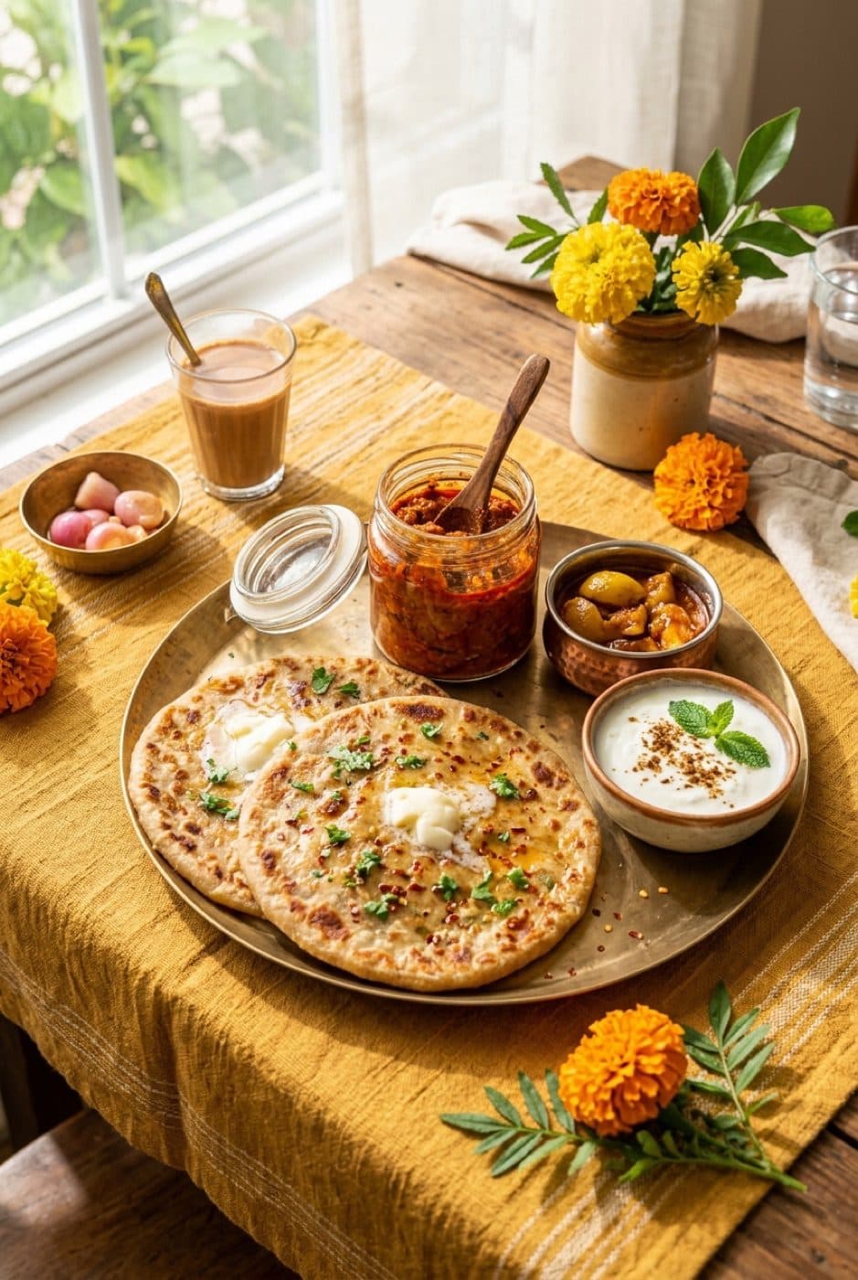 A home table set with pickle, curd and flatbread